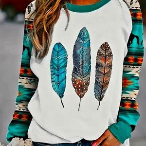 Western chic feather print sweatshirt